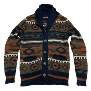 Amnesia Men's Southwestern Aztec Print Shawl Collar Cardigan Sweater M/M